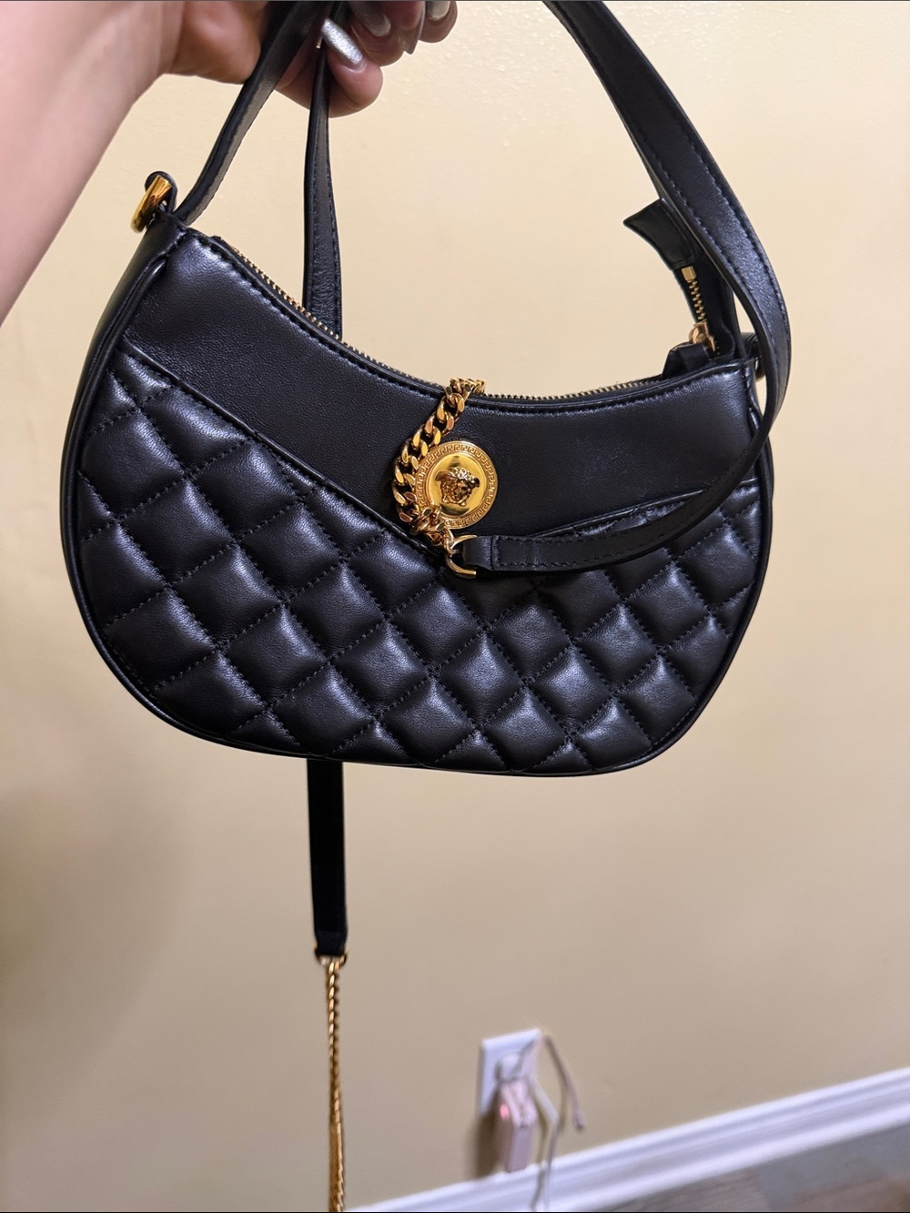 Black Quilted Leather Shoulder Bag with Gold Chain Accent price firm
